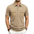 Close-up of men's khaki textured jacquard polo shirt with dual cargo chest pockets - Khaki