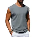 Detailed view of a gray men's sleeveless loose crew neck sports tank top cotton fabric - S / Tops / Gray