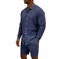 Ensemble décontracté pour hommes en lin bleu avec chemise manches longues et short - S / Haut Et Bas / Bleu Marine