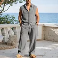 Completo uomo camicia smanicata e pantaloni larghi in cotone-lino grigio per le vacanze - Taglia S / Top e Pantaloni / Grigio