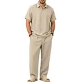 Herren Sommer Leinen-Mix Set mit Poloshirt und langer Hose in Beige, Ansicht der Passform - S / Oberteil Und Unterteil / Khaki