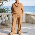 Men's tan linen sleeveless button-down shirt and loose casual long pants set for beach vacation - Caramel color