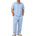 Lässiges zweiteiliges Herren-Leinen-Poloshirt und lange Hose in Hellblau - Hellblau