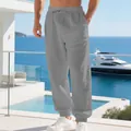 Close-up of breathable grey cotton-linen beach joggers with elastic drawstring waist - S / Bottoms / Gray