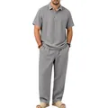 Details für das graue Leinen-Polo-Shirt und die lange Hose für Herren im Sommer - S / Oberteil Und Unterteil / Grau