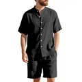 Completo casual da uomo in lino nero con camicia Henley a maniche corte e pantaloncini - Taglia S / Top E Pantaloni / Nero