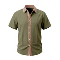 Detailed view of olive green linen shirt with patterned contrast trim on collar - S / Tops / Army Green