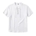 Camisa Henley de lino blanco para hombre con cuello levantado con cordones y estilo playa - S / Tops / Blanco