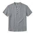 Camisa Henley informal de lino para hombre de manga corta en gris liso con cordones - S / Tops / Gris