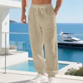 Men's breathable khaki linen casual pants with drawstring and elastic ankles - S / Bottoms / Khaki