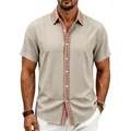 Detail eines Herren-Leinenhemdes mit ethnisch gemustertem Kontrastkragen und Knopfleiste - Khaki
