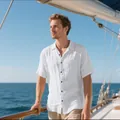 Men's breathable white linen short-sleeved shirt for casual beach vacation on a yacht - S / Tops / White