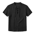 Camisa Henley de lino negro para hombre con cuello en V con cordones y manga corta - S / Tops / Negro