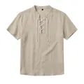 Camisa casual de lino tipo Henley para hombre con manga corta y cordones en caqui - S / Tops / Caqui