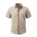 Classic men's casual linen short sleeve shirt with contrast geometric pattern collar - Khaki