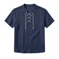 Camicia Henley da uomo in lino blu navy con scollo con lacci bianchi e maniche corte - Blu navy