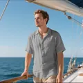 Men's breathable grey linen short sleeve shirt for beach vacation on yacht deck - S / Tops / Gray
