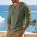 T-shirt Henley homme vert olive à manches longues en maille côtelée, cadre extérieur. - S / Haut (SK-333) / Vert Militaire
