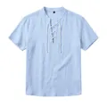 Camicia Henley in lino azzurro da uomo a maniche corte con dettaglio stringato frontale - Celeste