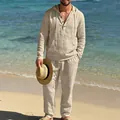 Comfortable men's relaxed fit linen hooded shirt and pants set for beach leisure wear - S / Top And Bottom / Khaki