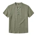 Camicia henley casual da uomo in lino verde oliva con dettaglio lacci e maniche corte - Verde militare