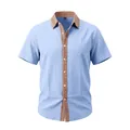 Front view of men's blue short-sleeved linen shirt with ethnic pattern collar detail - Light Blue