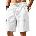 Close-up detail shot of white linen cargo shorts showing textured fabric and side pockets. - S / Bottoms / White