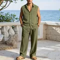 Detail view of men's olive green linen sleeveless shirt and trousers set for beach vacation - Army Green