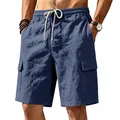 Primer plano de pantalones cortos cargo de algodón y lino azul para hombre con bolsillos - Azul marino