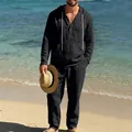 Close-up of black men's casual linen hooded shirt and pants set on a sunny beach - S / Top And Bottom / Black