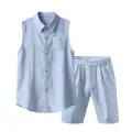 Detail view of men's blue breathable linen sleeveless shirt and shorts summer casual set - Sky Blue