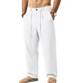 Detailed view of men's white linen drawstring pants with a loose straight leg fit - S / Bottoms / White