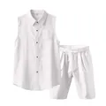 Vista detallada de conjunto masculino de camisa sin mangas de lino blanco y shorts - S / Top Y Pantalón / Blanco