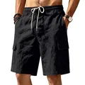 Close-up view of black linen cargo shorts for men featuring drawstring and pockets - S / Bottoms / Black
