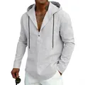 Camicia casual da uomo in lino bianco con cappuccio, coulisse e scollo a bottoni - Taglia S / Top / Grigio chiaro