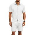 Détail de l'ensemble chemise et short en jacquard blanc pour homme, style d'été - S / Haut Et Bas / Blanc