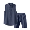 Detailed view of men's navy blue linen sleeveless shirt and shorts summer casual suit - Navy Blue