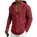 Camicia casual in lino con cappuccio a maniche lunghe da uomo - Top bordeaux tinta unita - Rosso Mattone