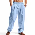 Men's breathable light blue linen casual pants with loose fit and drawstring waist detail - Sky Blue