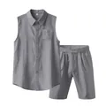 Vista detallada de un conjunto informal de camisa sin mangas y pantalones cortos de lino gris - S / Top Y Pantalón / Gris