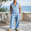Men's light blue sleeveless linen shirt and matching casual pants for summer beach vacation - Light Blue