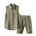 Detailed view of men's summer olive green linen sleeveless shirt and shorts casual set - Army Green