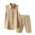 Conjunto de verano casual de lino caqui para hombre con camisa sin mangas y pantalones - S / Top Y Pantalón / Caqui