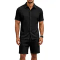 Détail du tissu jacquard texturé d'un ensemble chemise noire et short pour homme. - S / Haut Et Bas / Noir