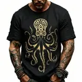 Dettaglio della t-shirt da uomo nera fiammata con stampa tribale polpo oro - Taglia S / Top / Nero