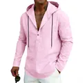 Maglia casual con cappuccio in lino rosa da uomo con coulisse e maniche lunghe comode - Rosa