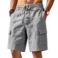 Detailed shot of men's casual linen cargo shorts in grey with side pockets and drawstring. - S / Bottoms / Gray