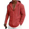 Camicia casual in lino con cappuccio da uomo in rosa salmone, vestibilità rilassata - Rosso Vivo