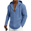 Camicia casual da uomo in lino con cappuccio manica lunga azzurra con bottoni e lacci - Blu jeans