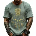 Vista dettagliata della t-shirt da uomo verde con stampa polpo dorato e trama slub - Verde chiaro
